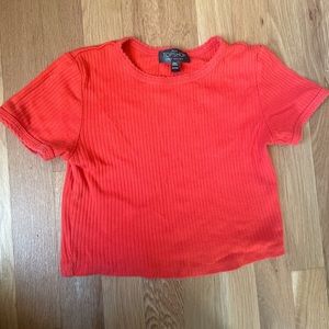 TOPSHOP crop top red/orange petite small barely worn scalloped sleeves